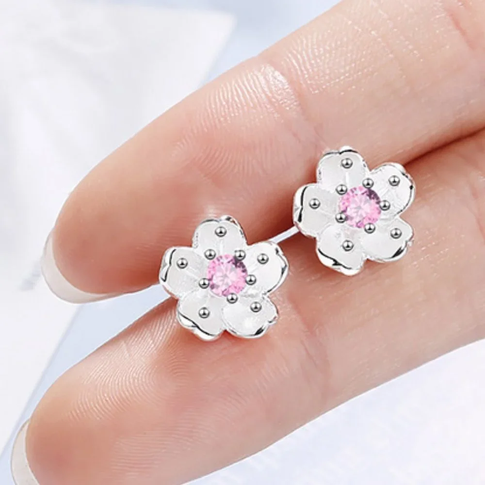 #NEW 925 Sterling Silver Diamond Cherry Blossom Stud Earrings - Picture 2 of 4